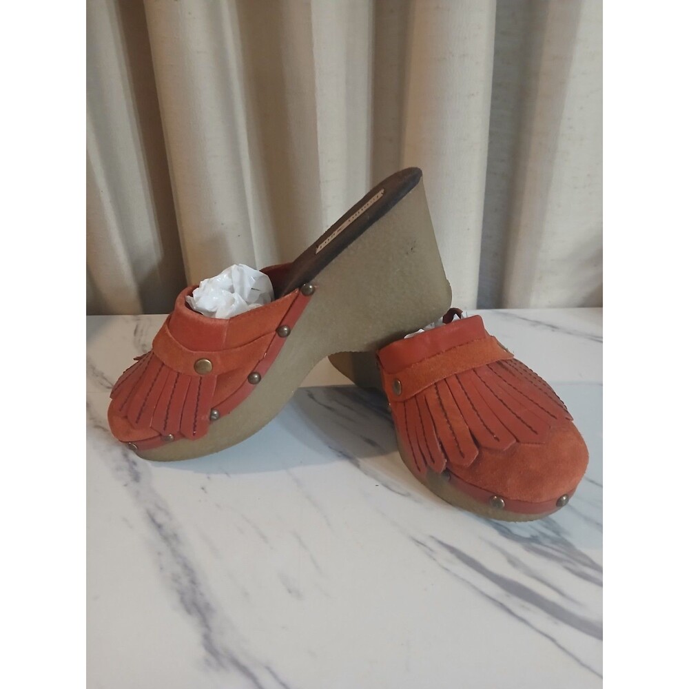 Tommy Girl Wedge Heel Mules Womens 8.M Red Leather Fringe Studded Y2K Boho